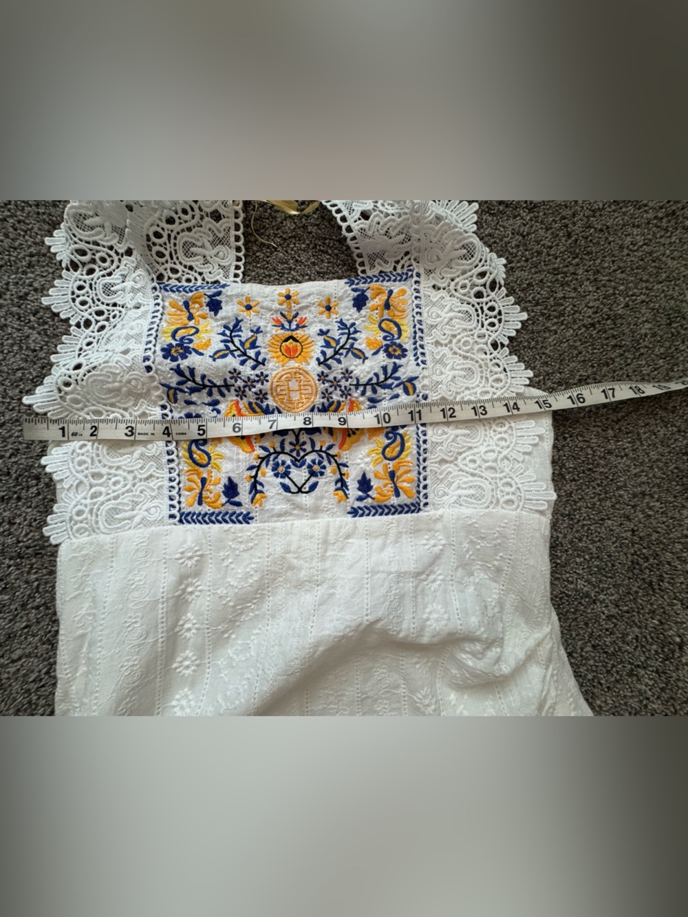 White Lace Mini Dress with Yellow & Blue Embroidery - Picture 6 of 9